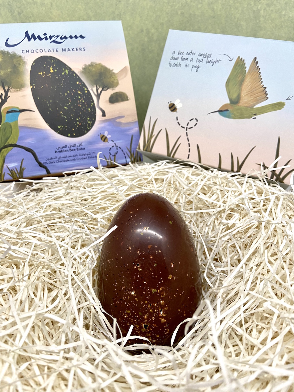 Mirzam Easter Egg 62% Dark Chocolate with Crushed Pistachio (Arabian Bee Eater)