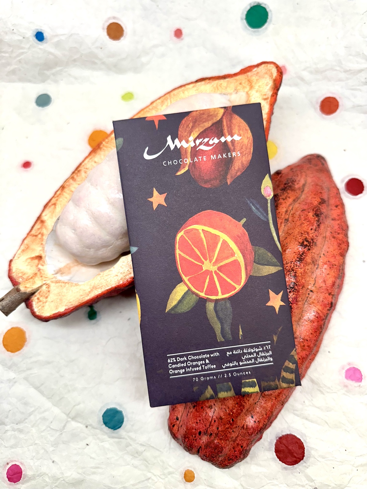 Mirzam Dark w/Candied Oranges & Orange Infused Toffee 62%